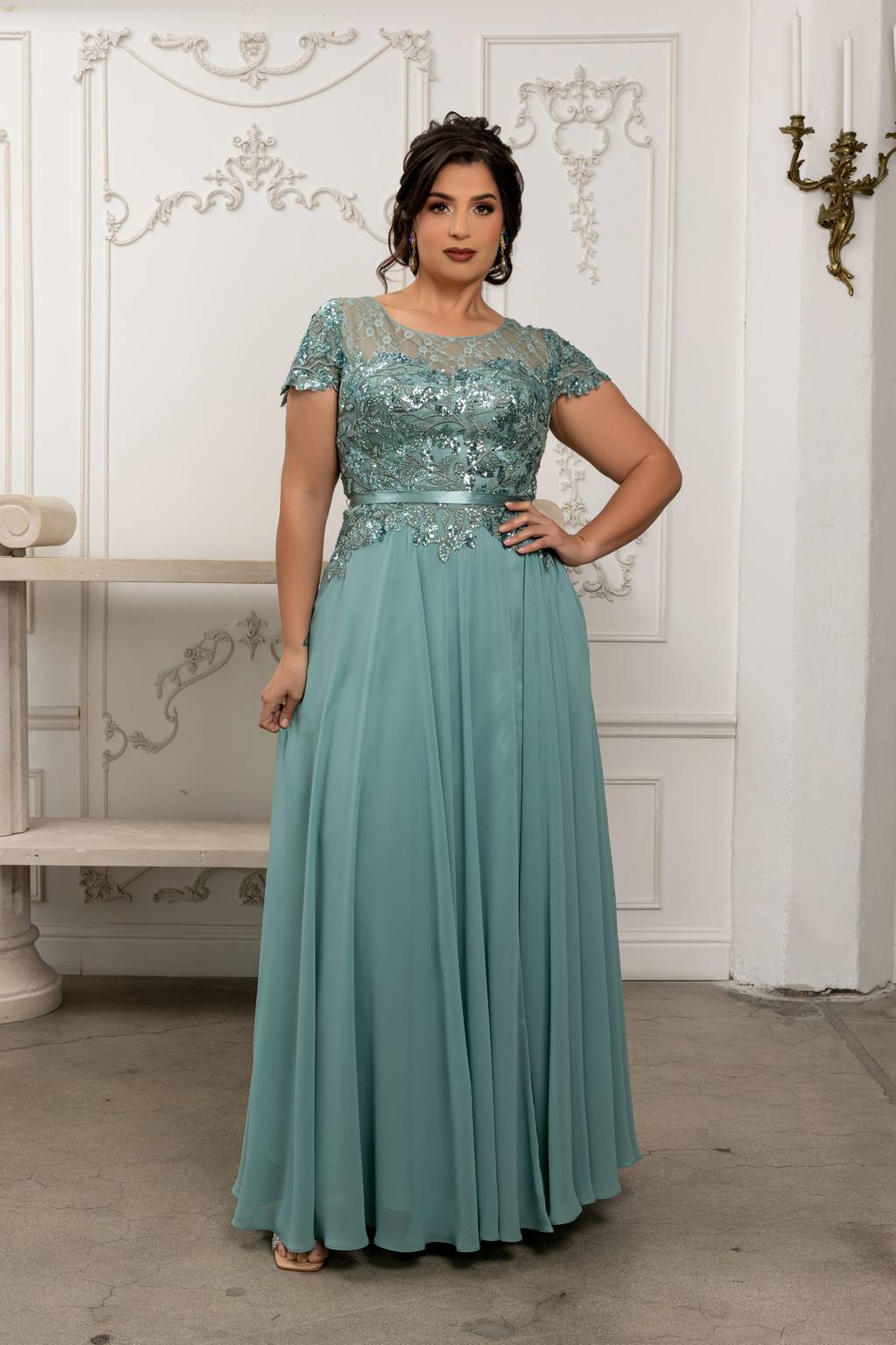 Illusion Floor-Length Chiffon Evening Gown A-Line May Queen 2223