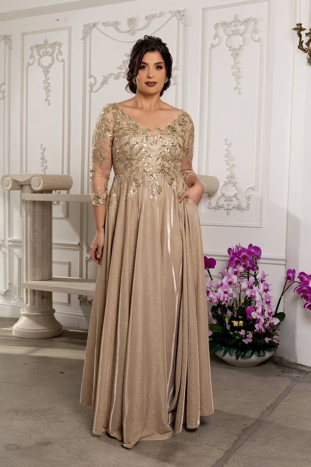 V-Neck Floor-Length Satin Evening Gown A-Line May Queen 2226