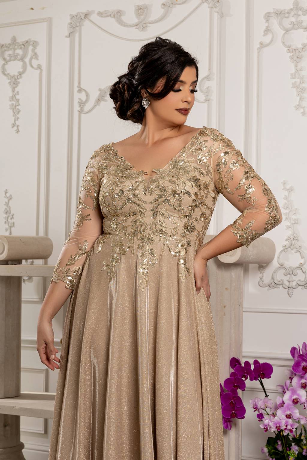 V-Neck Floor-Length Satin Evening Gown A-Line May Queen 2226