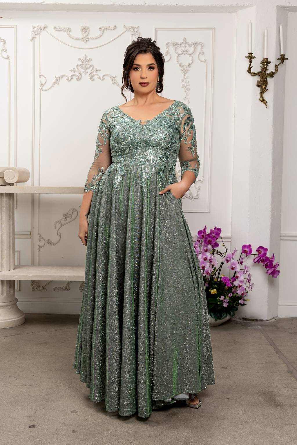 V-Neck Floor-Length Satin Evening Gown A-Line May Queen 2226