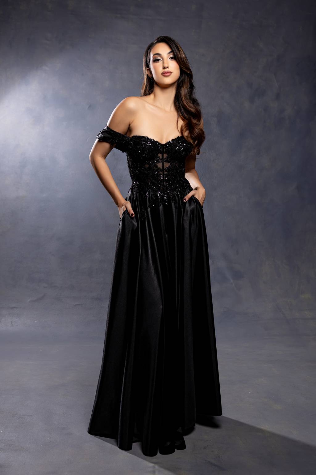Off-the-Shoulder Floor-Length Satin Prom A-Line May Queen MQ2240