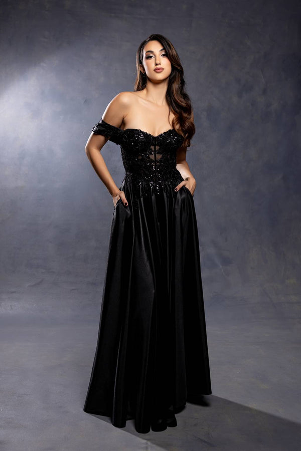 Off-the-Shoulder Floor-Length Satin Prom A-Line May Queen MQ2240