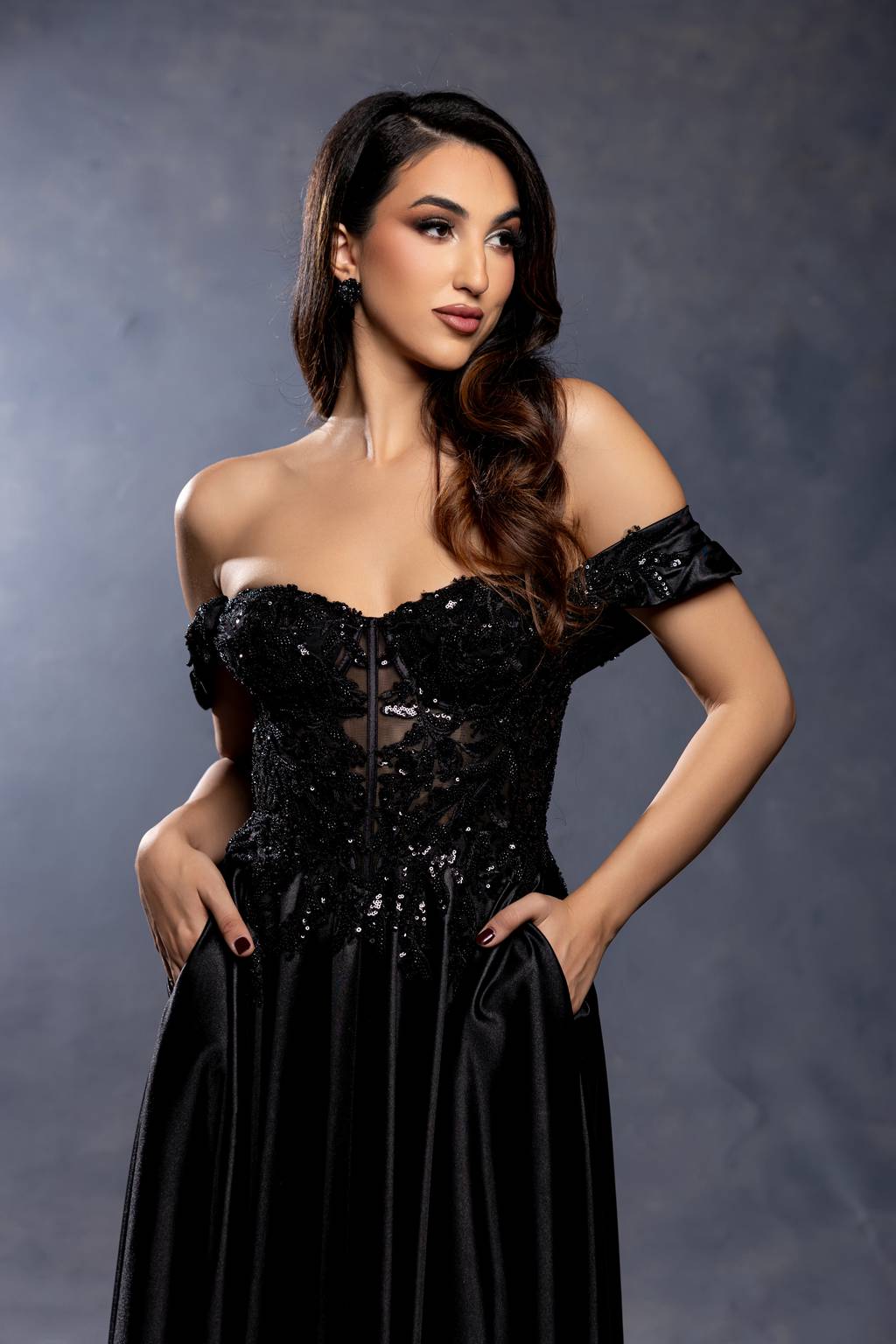 Off-the-Shoulder Floor-Length Satin Prom A-Line May Queen MQ2240