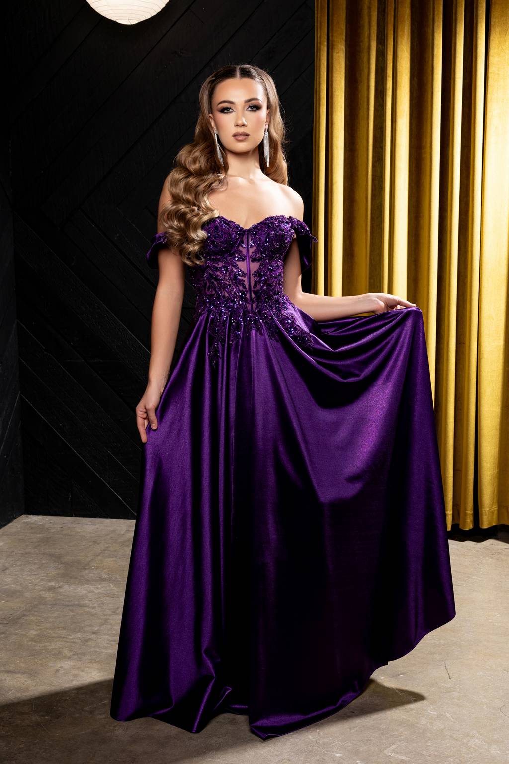 Off-the-Shoulder Floor-Length Satin Prom A-Line May Queen MQ2240
