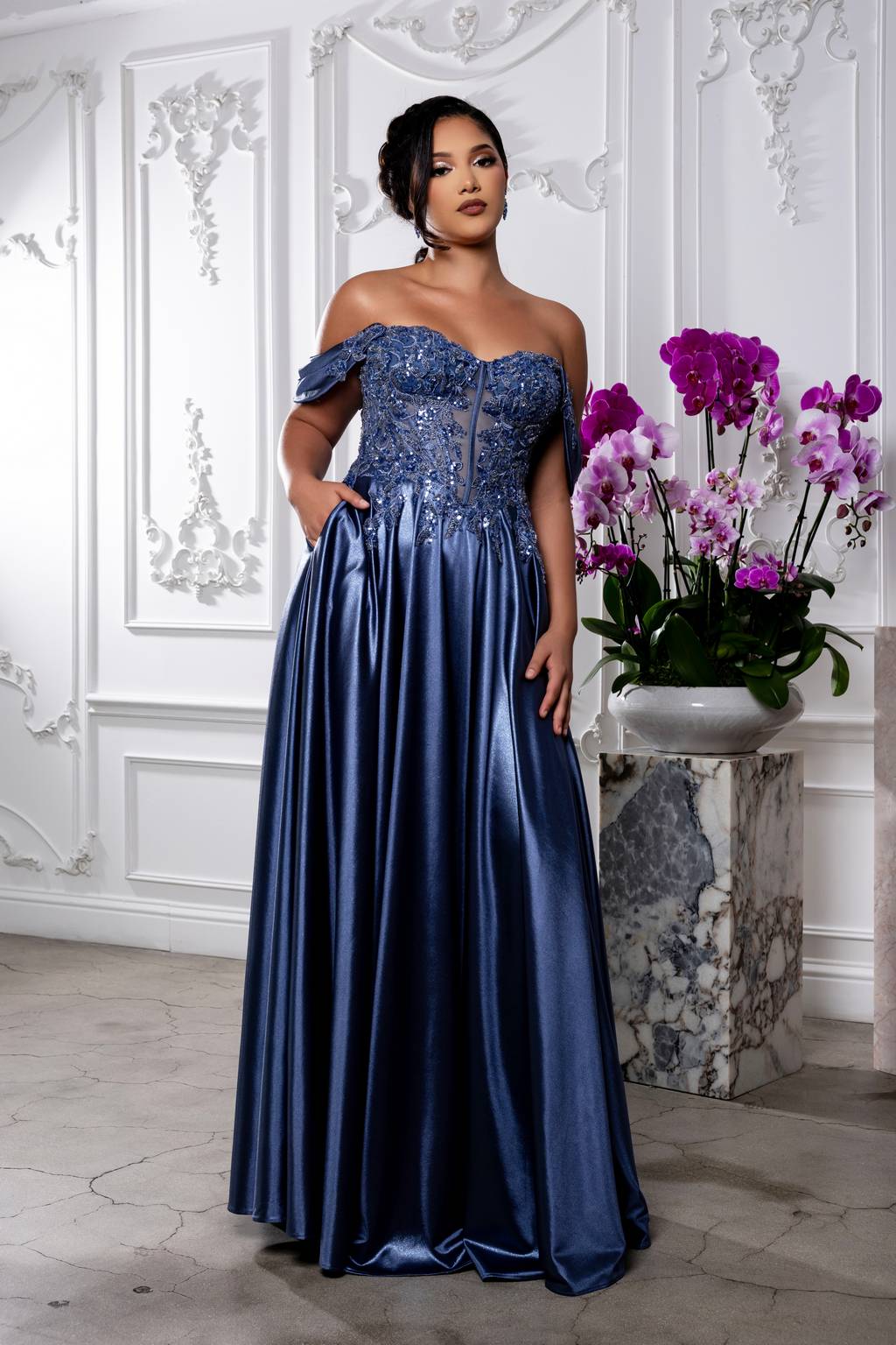 Off-the-Shoulder Floor-Length Satin Prom A-Line May Queen MQ2240