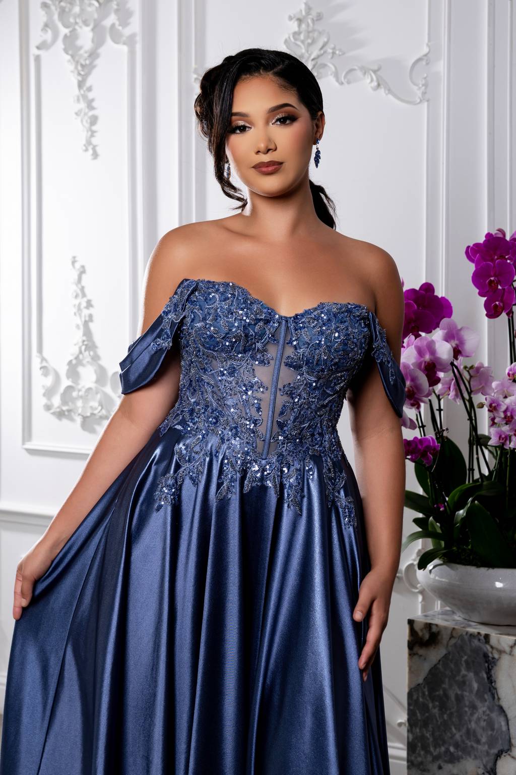 Off-the-Shoulder Floor-Length Satin Prom A-Line May Queen MQ2240