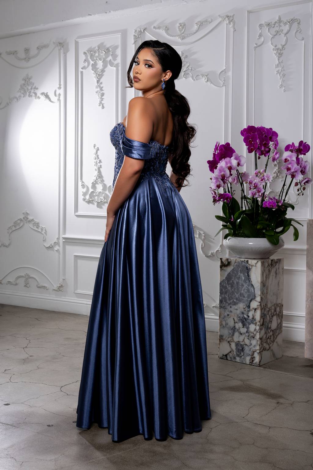 Off-the-Shoulder Floor-Length Satin Prom A-Line May Queen MQ2240