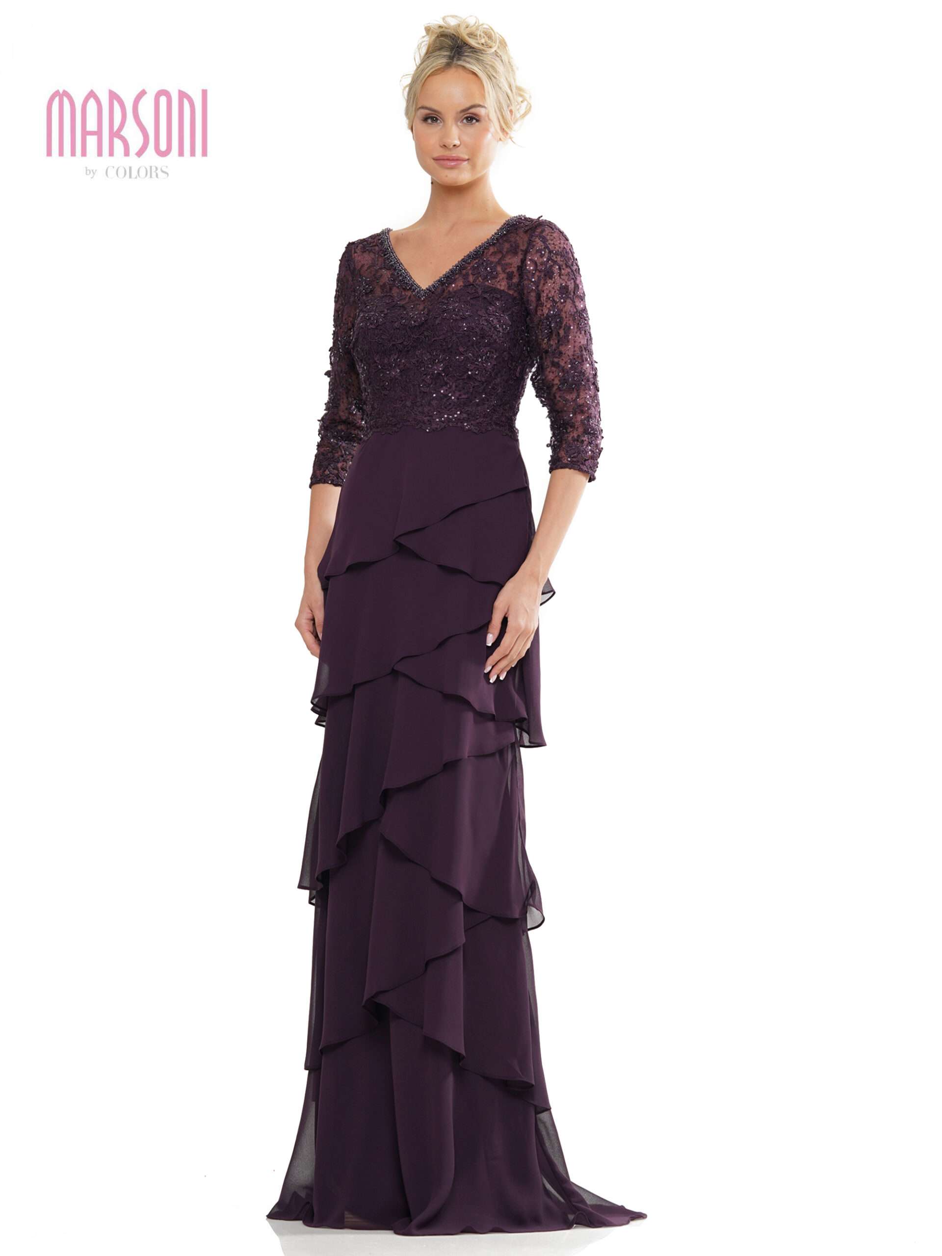 Marsoni MV1244 Long 3/4 Sleeve Chiffon Formal Dress