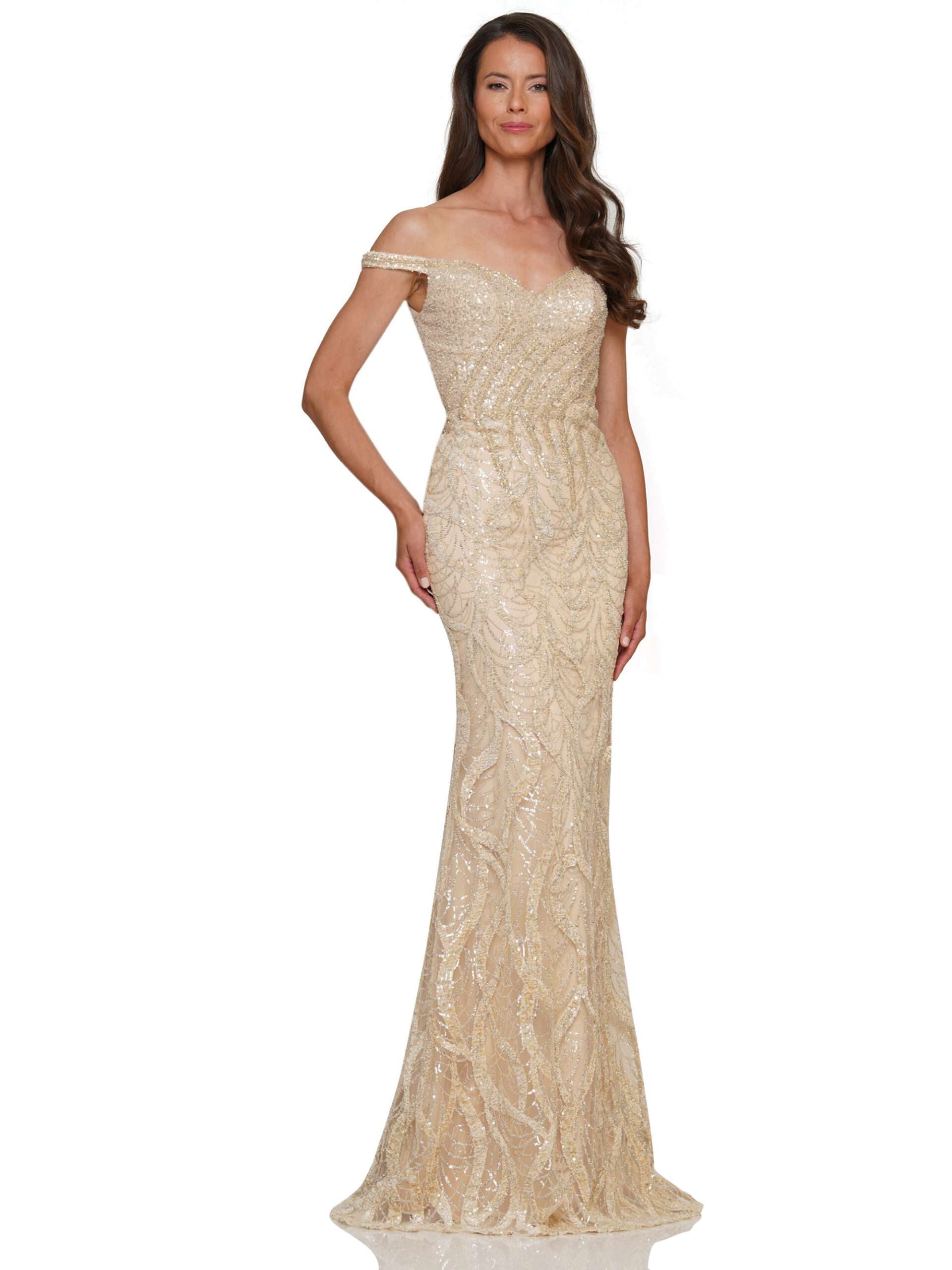 Formal Dresses Long Beaded Off Shoulder Formal Dress Mink Champagne