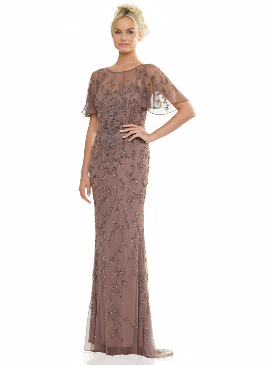Mother of the Bride Dresses Mother of the Bride Beaded Mesh Short Sleeve Dress Dark Taupe