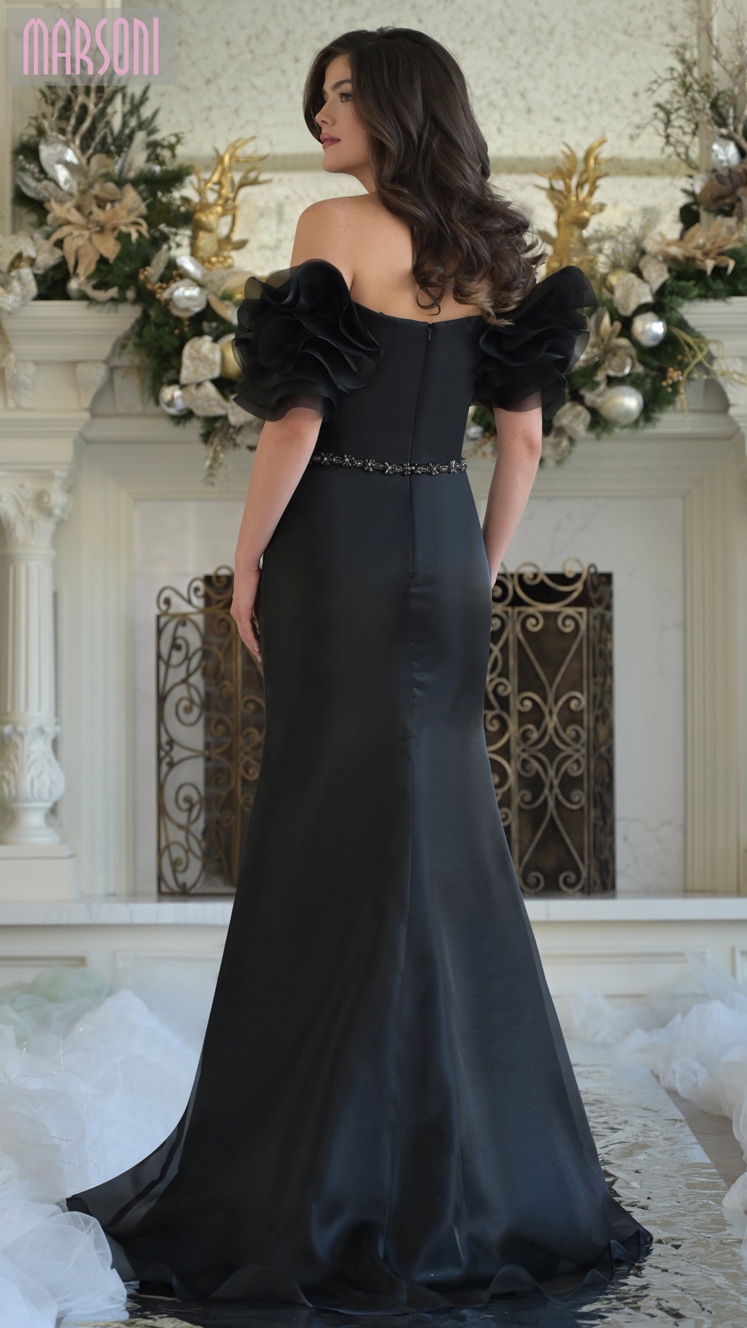 Marsoni MV1353 Long Beaded Ruffle Formal Evening Dress