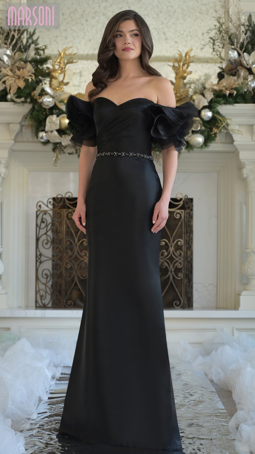 Marsoni MV1353 Long Beaded Ruffle Formal Evening Dress