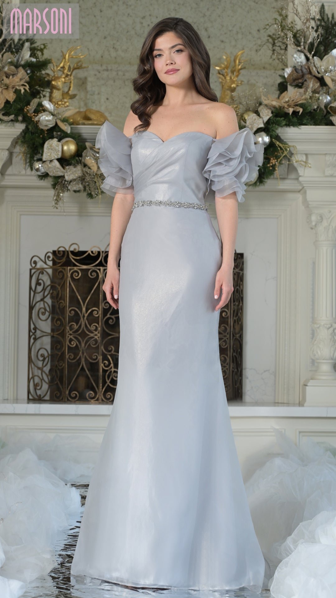 Marsoni MV1353 Long Beaded Ruffle Formal Evening Dress