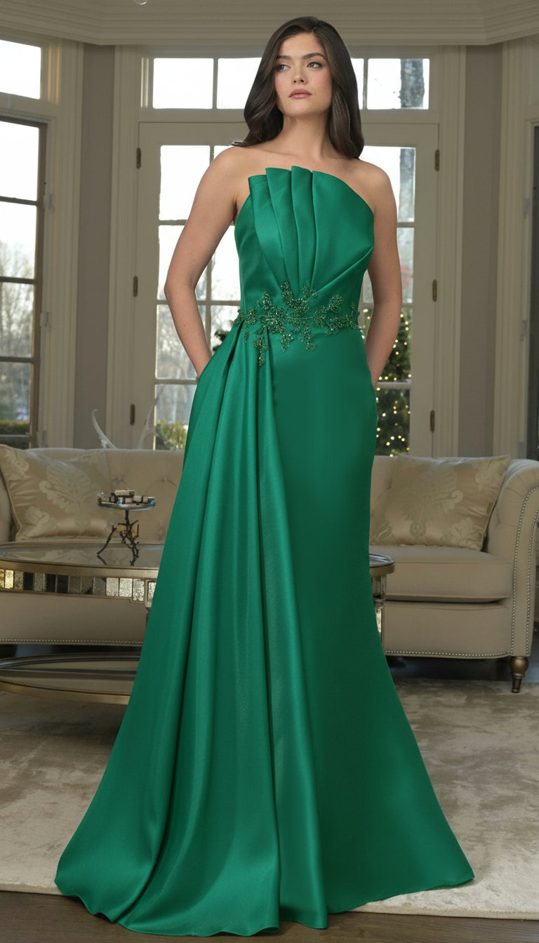 Prom Dresses Beaded Applique Long Formal Evening Pleated Dress Emerald
