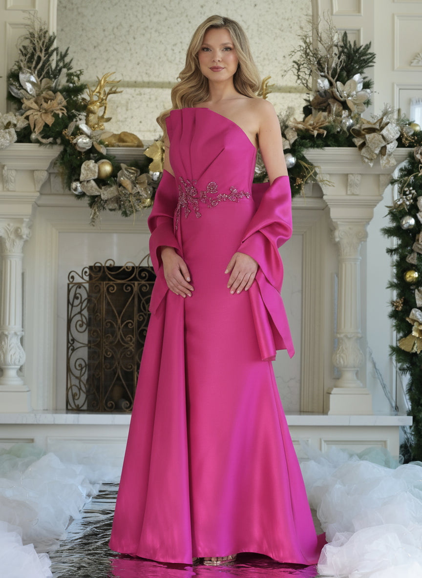 Prom Dresses Beaded Applique Long Formal Evening Pleated Dress Fuchsia