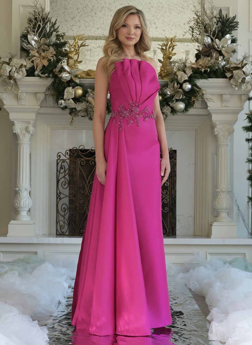 Prom Dresses Beaded Applique Long Formal Evening Pleated Dress Fuchsia