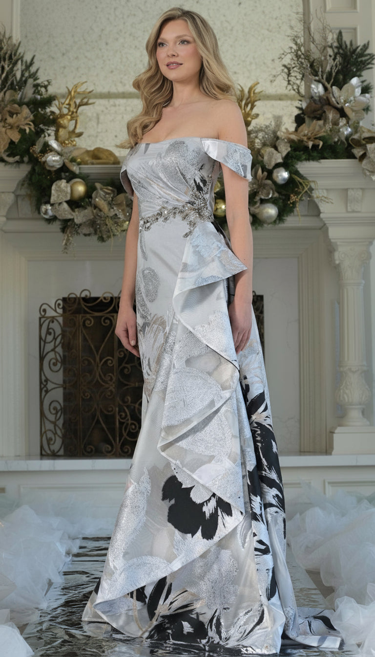 Mother of the Bride Dresses Long Beaded Ruffle Formal Evening Dress Silver Multi