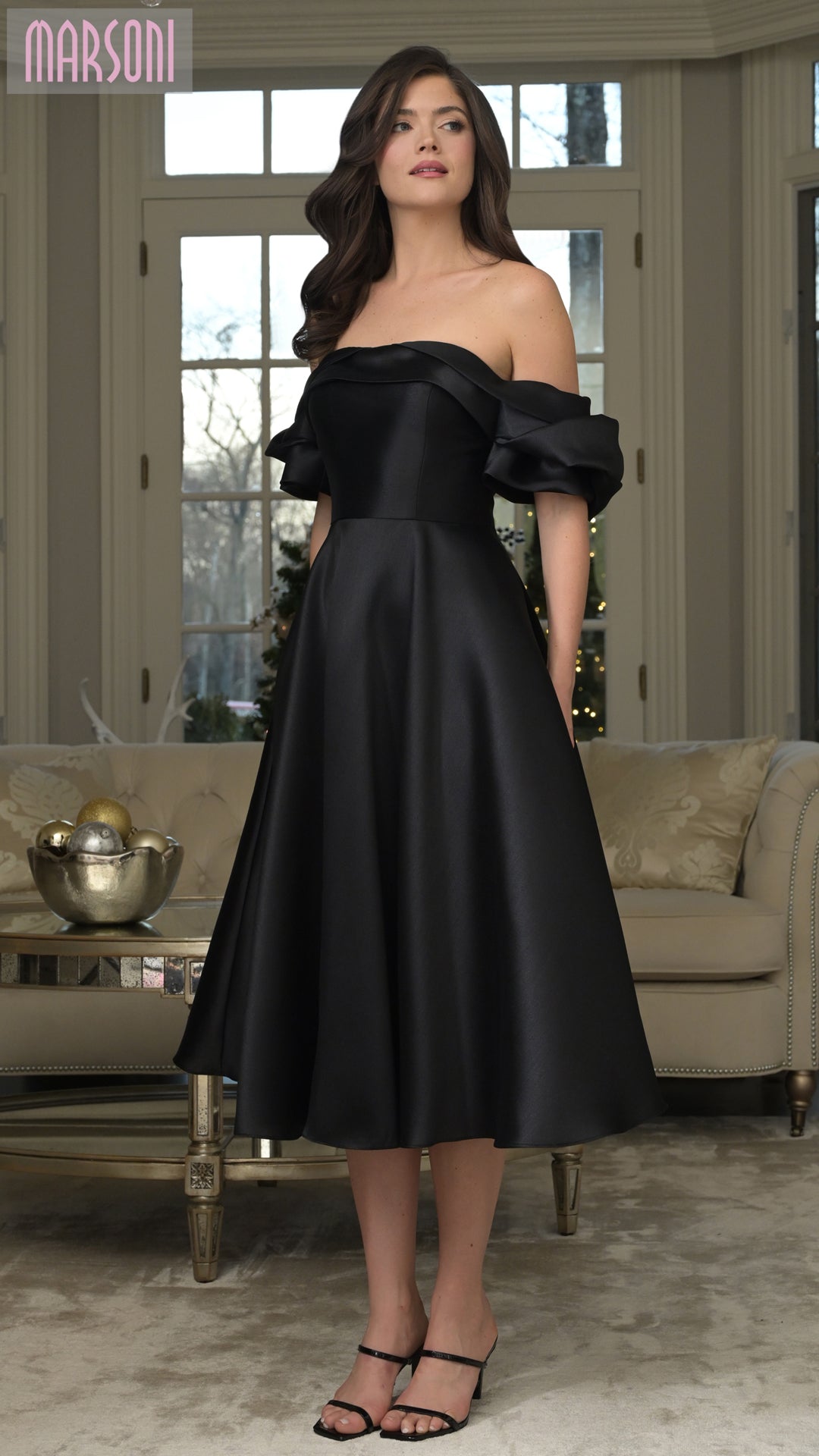 Marsoni MV1369 A Line Midi Length Formal Cocktail Dress