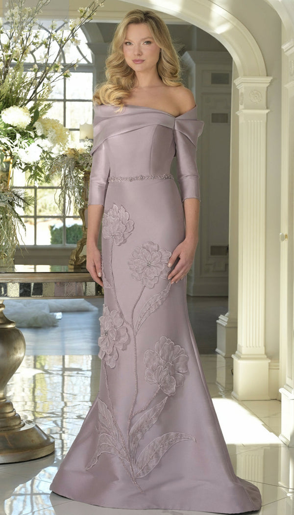 Marsoni MV1374 Beaded Long Fitted Floral Applique Formal Dress
