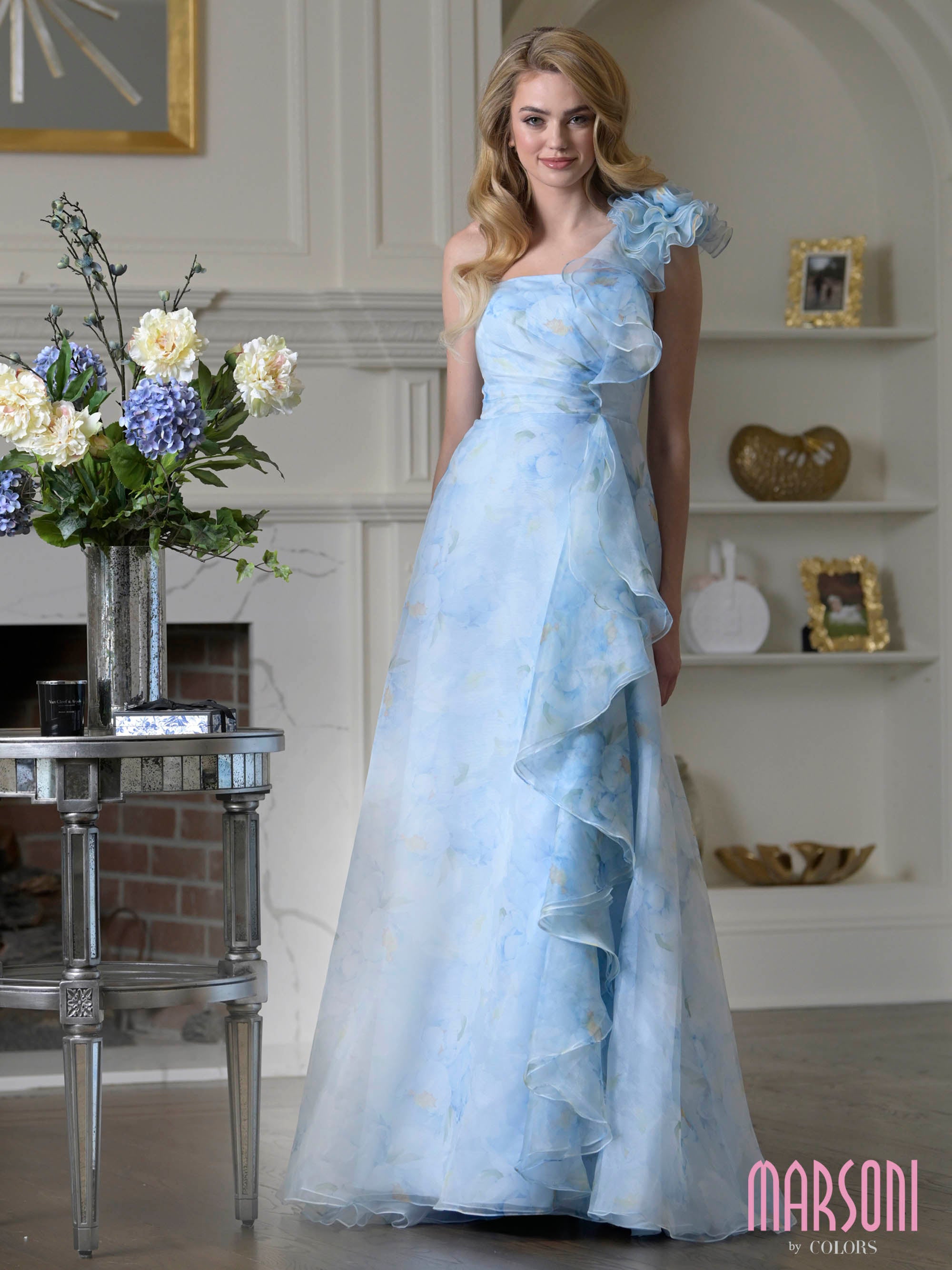 Blue Multi One-Shoulder Floor-Length Organza Formal A-Line Dress Ruffle Detail and Floral Print Marsoni MV1393