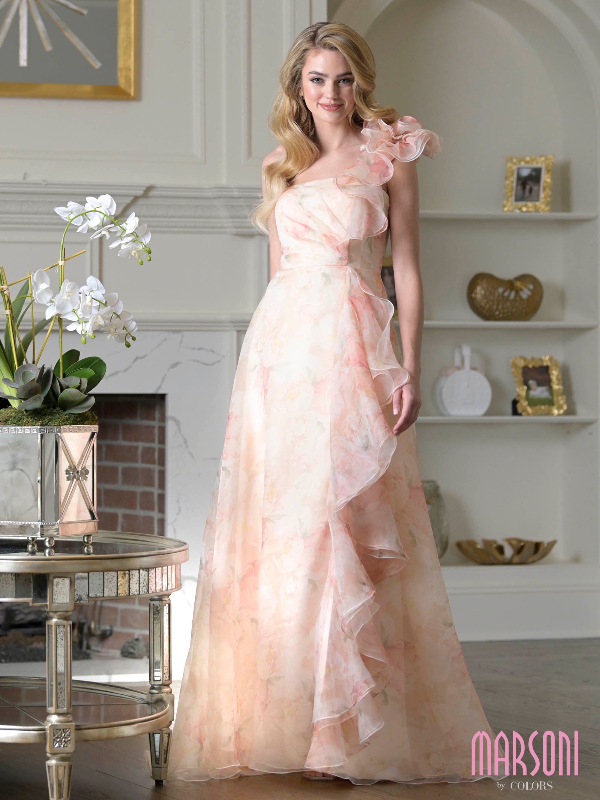 Yellow Multi One-Shoulder Floor-Length Organza Formal A-Line Dress Ruffle Detail and Floral Print Marsoni MV1393