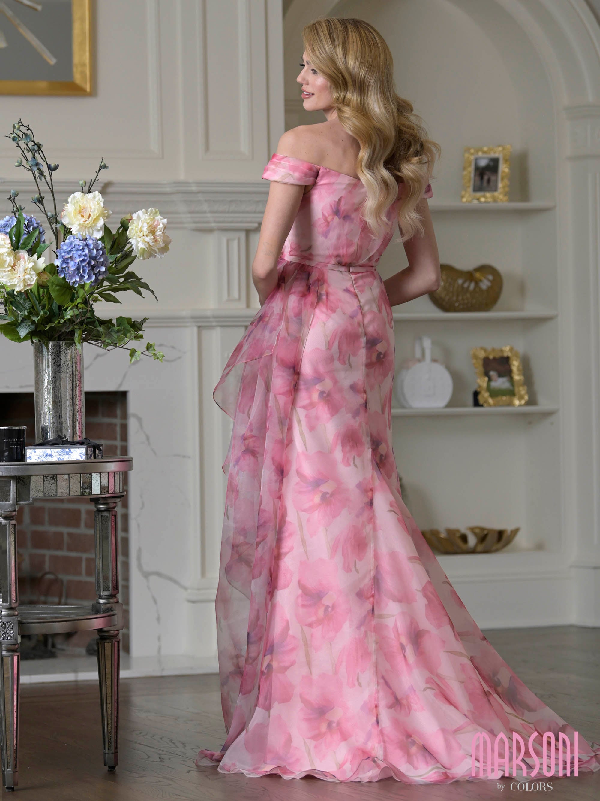 Pink Multi Off-the-Shoulder Floor-Length Organza Formal Sheath Dress Floral Print and Waist Ruffle Marsoni MV1394