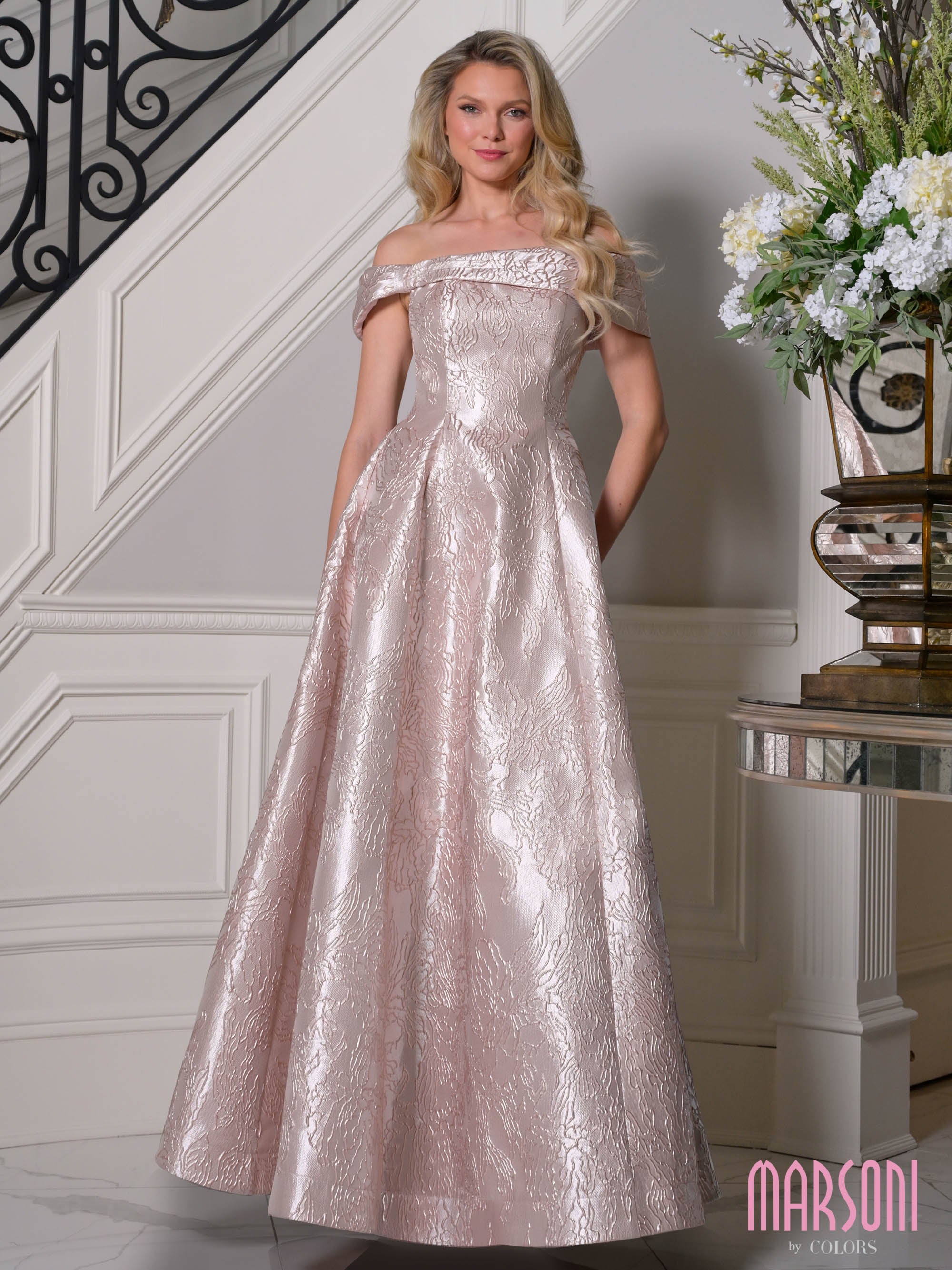 Blush Off-the-Shoulder Floor-Length Jacquard Formal Evening Gown Pockets Marsoni MV1395