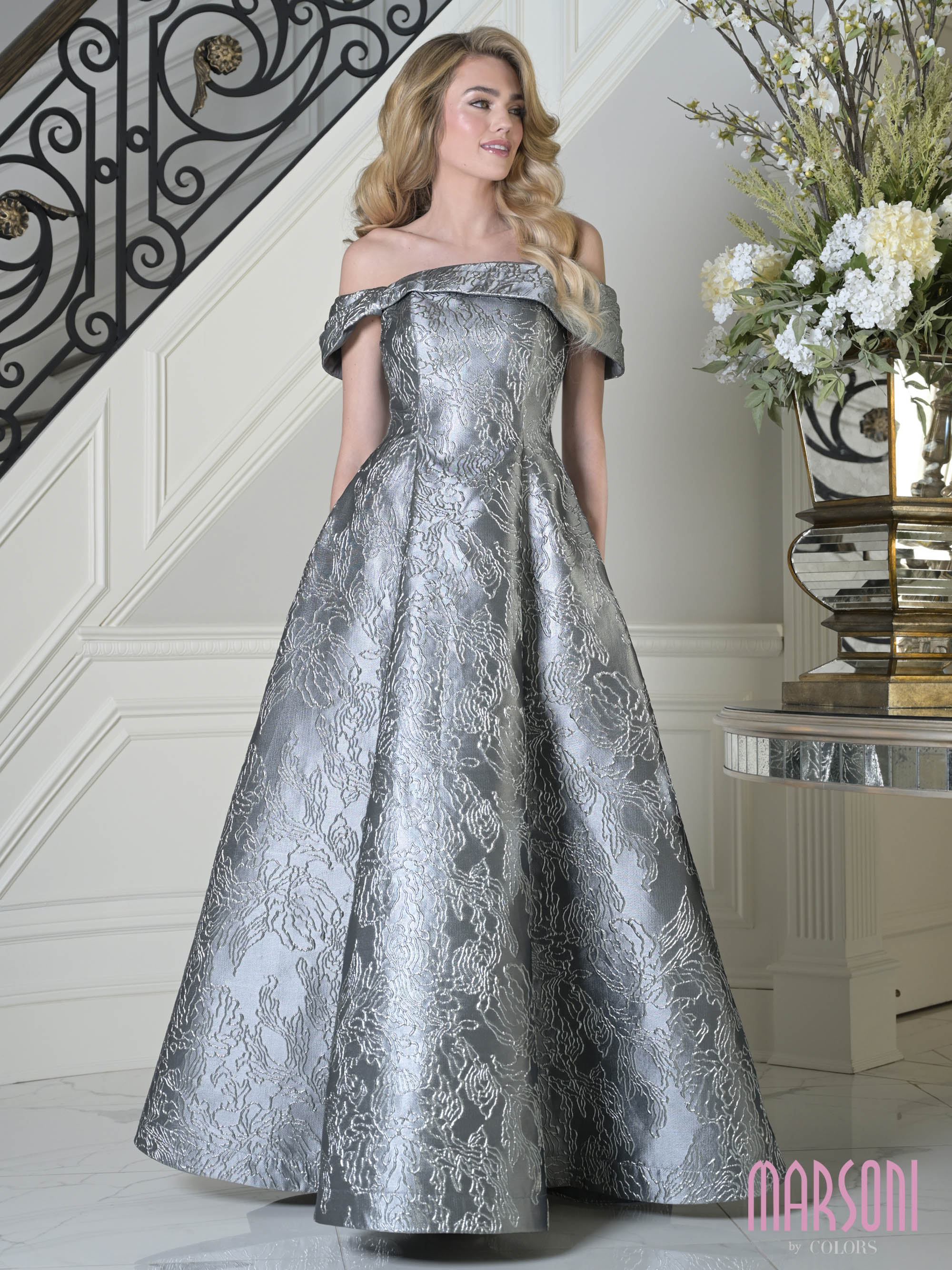 Charcoal Off-the-Shoulder Floor-Length Jacquard Formal Evening Gown Pockets Marsoni MV1395