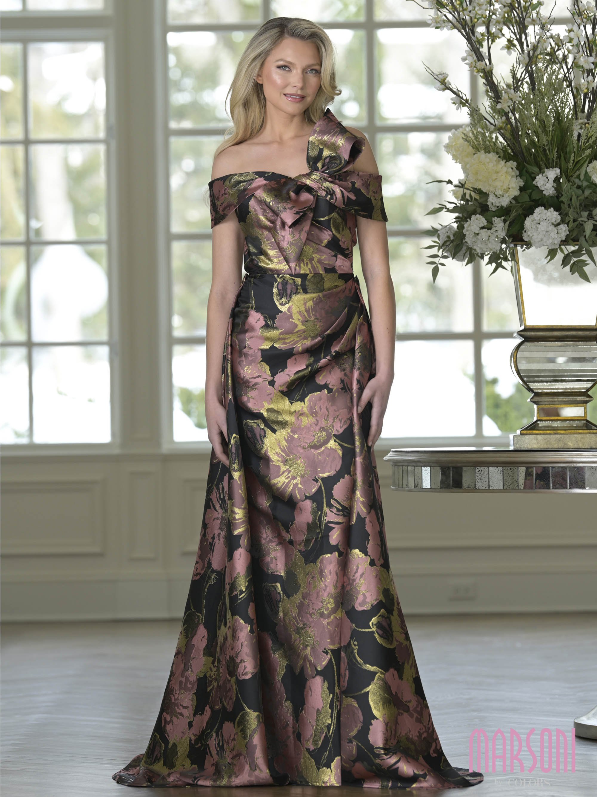 Rosewood Multi Off-the-Shoulder Floor-Length Jacquard Formal Evening Gown Bow Marsoni MV1396
