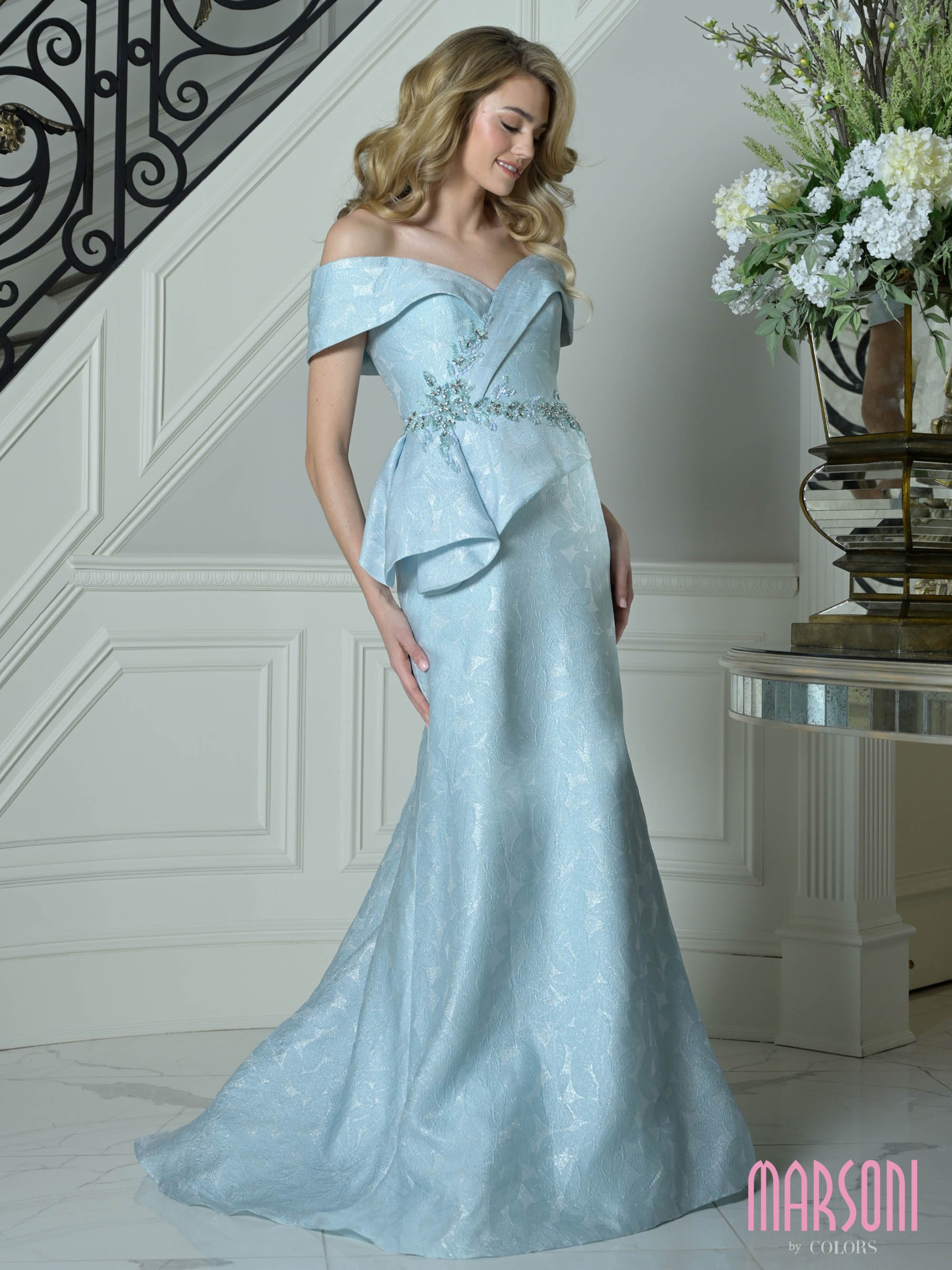 Aqua Off-the-Shoulder Floor-Length Floral Jacquard A-Line Formal Gown Pockets Marsoni MV1397