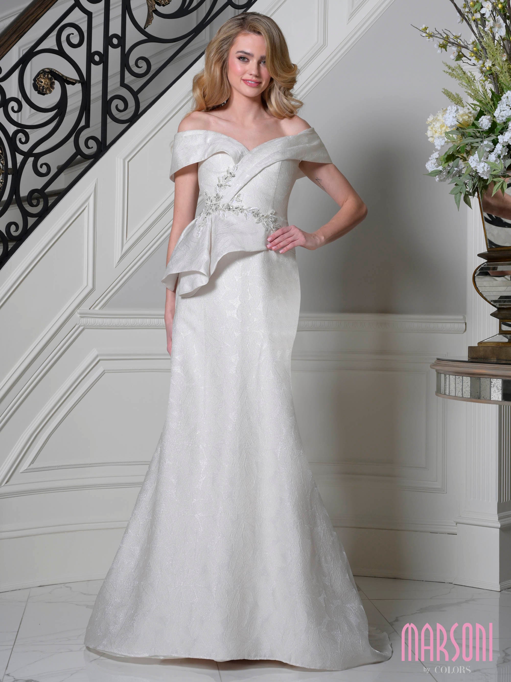 Champagne Off-the-Shoulder Floor-Length Floral Jacquard A-Line Formal Gown Pockets Marsoni MV1397