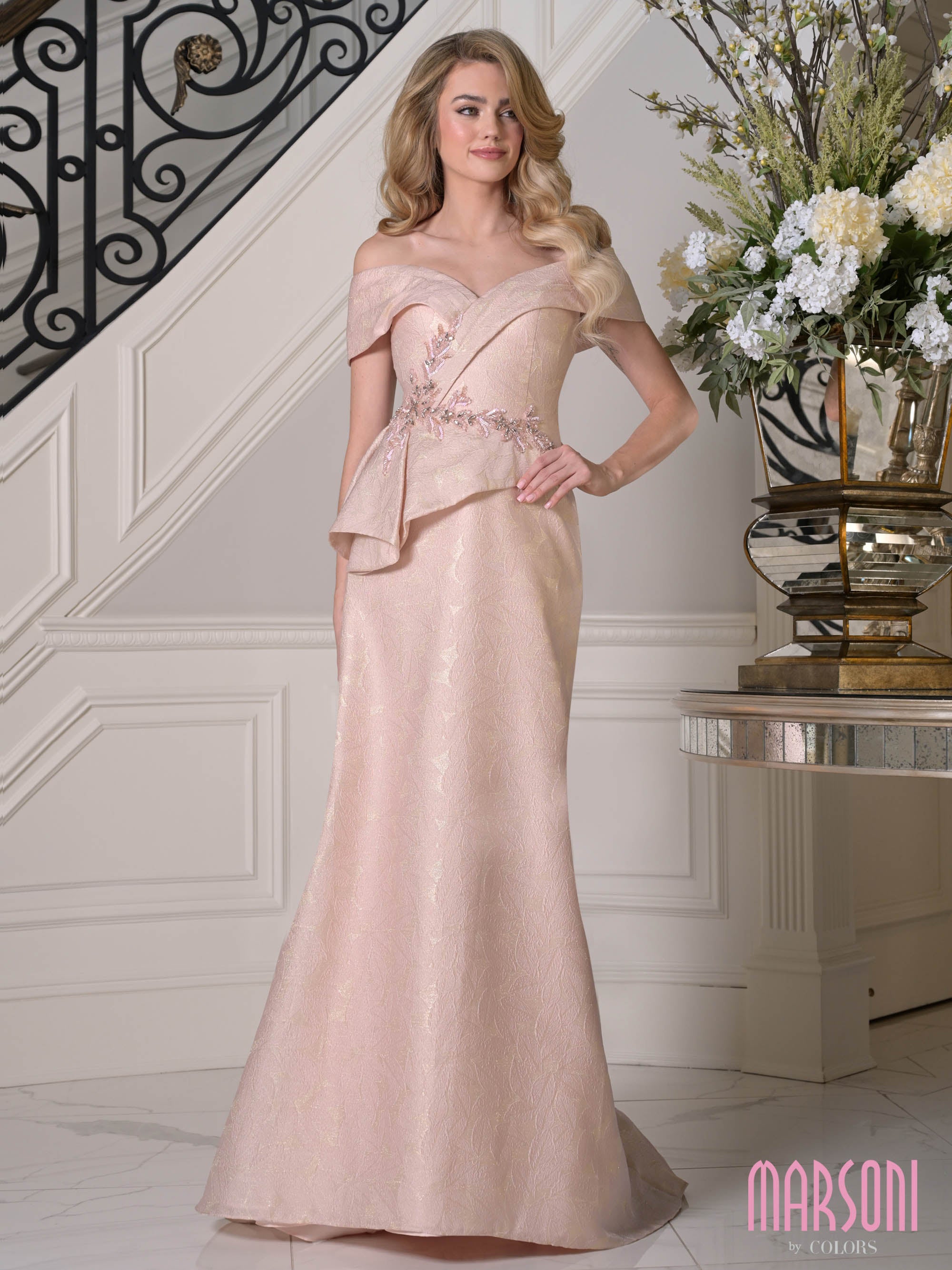 Blush Off-the-Shoulder Floor-Length Floral Jacquard A-Line Formal Gown Pockets Marsoni MV1397
