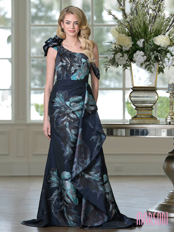 One-Shoulder Floor-Length Jacquard Formal Evening Ruffle Gown Marsoni MV1398