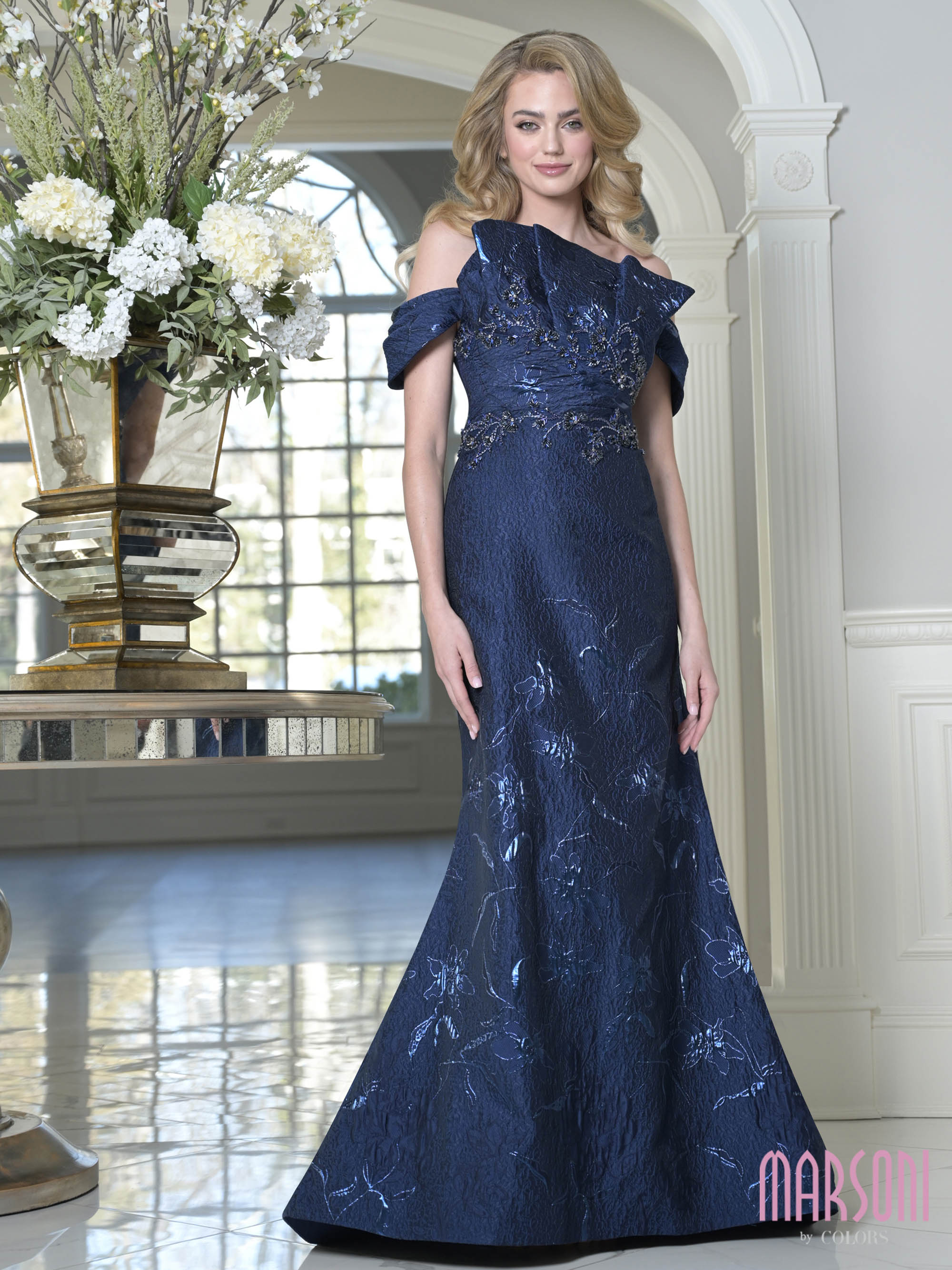 Navy Off-the-Shoulder Floor-Length Jacquard Formal Gown Beaded Embroidery and Side Slit Marsoni MV1400
