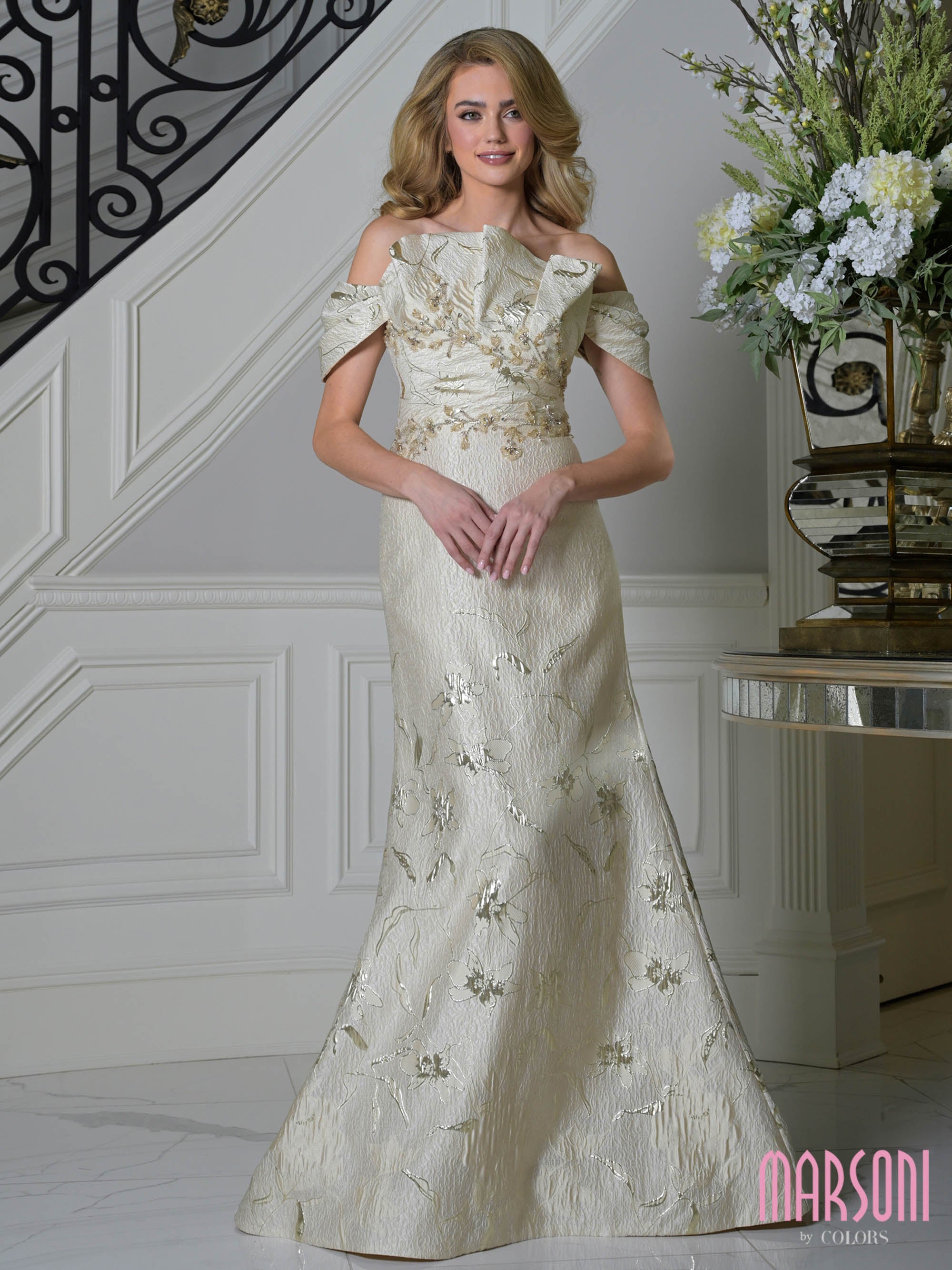 Champagne Off-the-Shoulder Floor-Length Jacquard Formal Gown Beaded Embroidery and Side Slit Marsoni MV1400