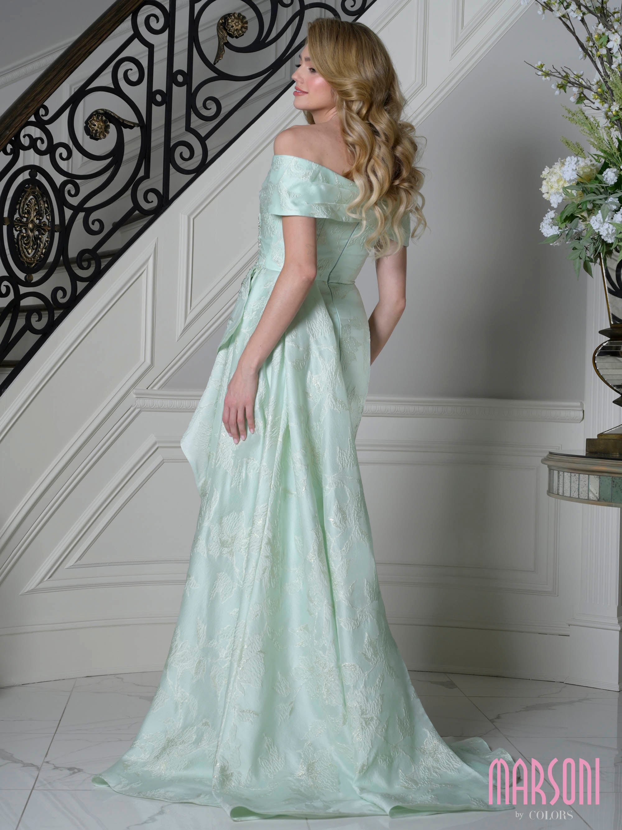 Mint Off-the-Shoulder Floor-Length Jacquard Formal Gown Cascading Side Ruffle Marsoni MV1401