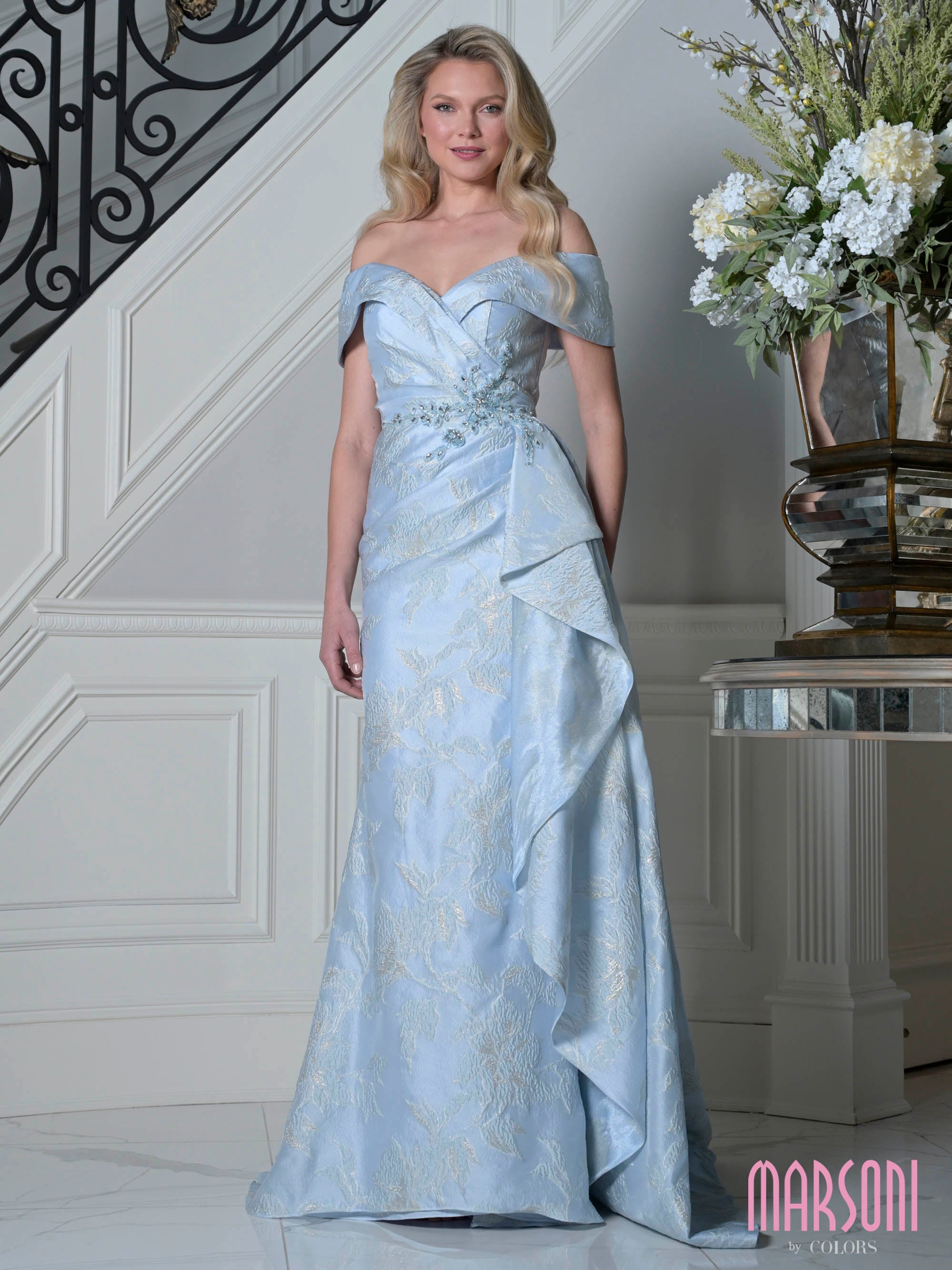 Powder Blue Off-the-Shoulder Floor-Length Jacquard Formal Gown Cascading Side Ruffle Marsoni MV1401
