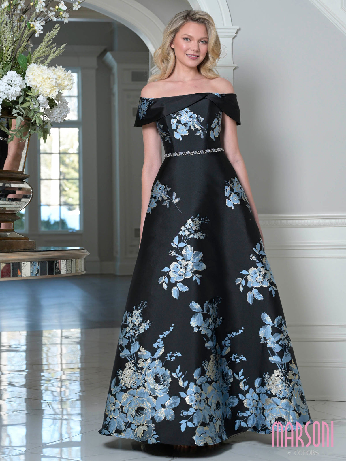 Black Multi Off-the-Shoulder Floor-Length Floral Mikado Evening Gown Beaded Waist Marsoni MV1402