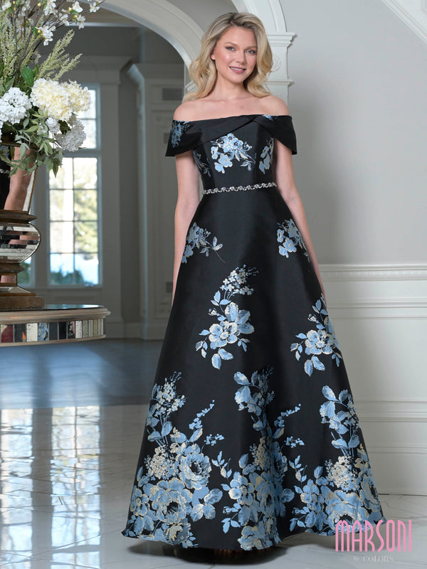 Off-the-Shoulder Floor-Length Floral Mikado Evening Gown Beaded Waist Marsoni MV1402