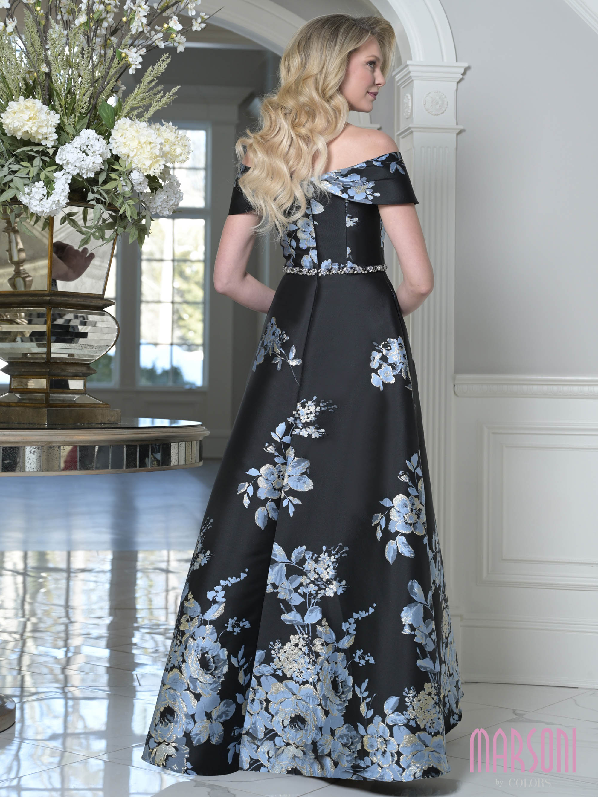 Black Multi Off-the-Shoulder Floor-Length Floral Mikado Evening Gown Beaded Waist Marsoni MV1402