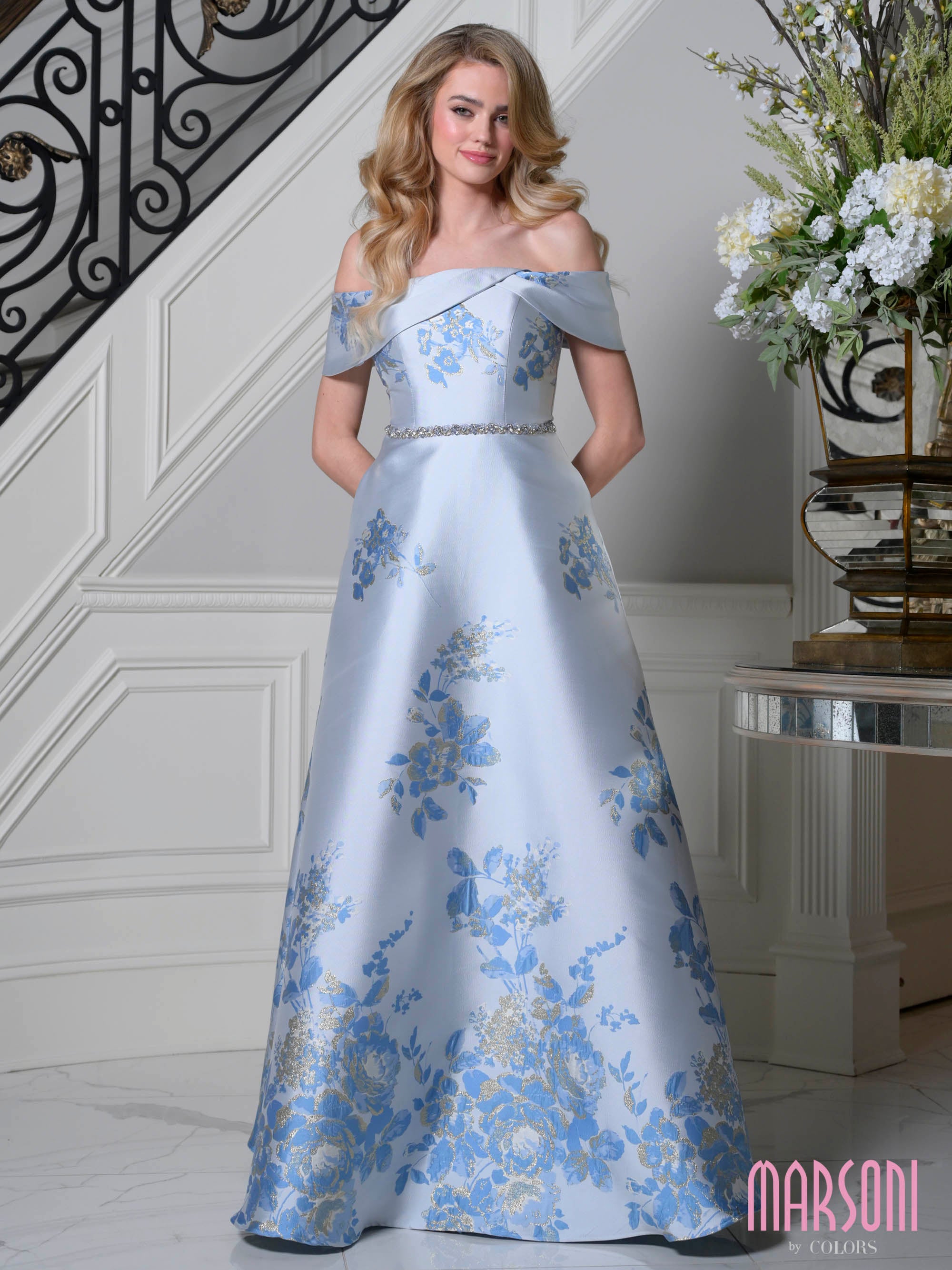 Blue Multi Off-the-Shoulder Floor-Length Floral Mikado Evening Gown Beaded Waist Marsoni MV1402