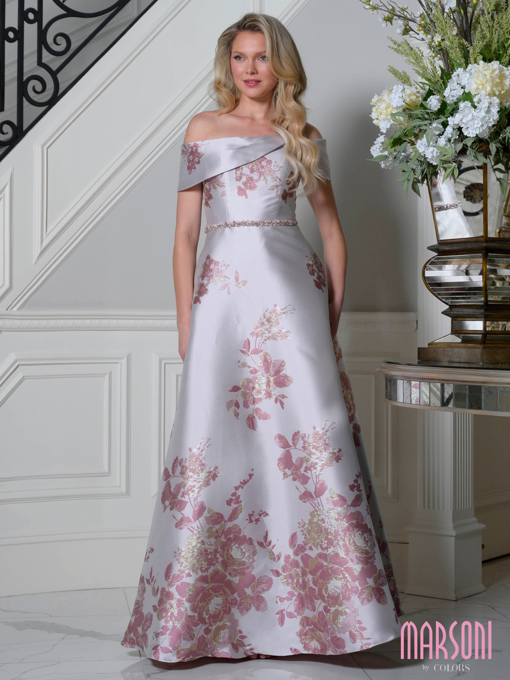 Rose Multi Off-the-Shoulder Floor-Length Floral Mikado Evening Gown Beaded Waist Marsoni MV1402