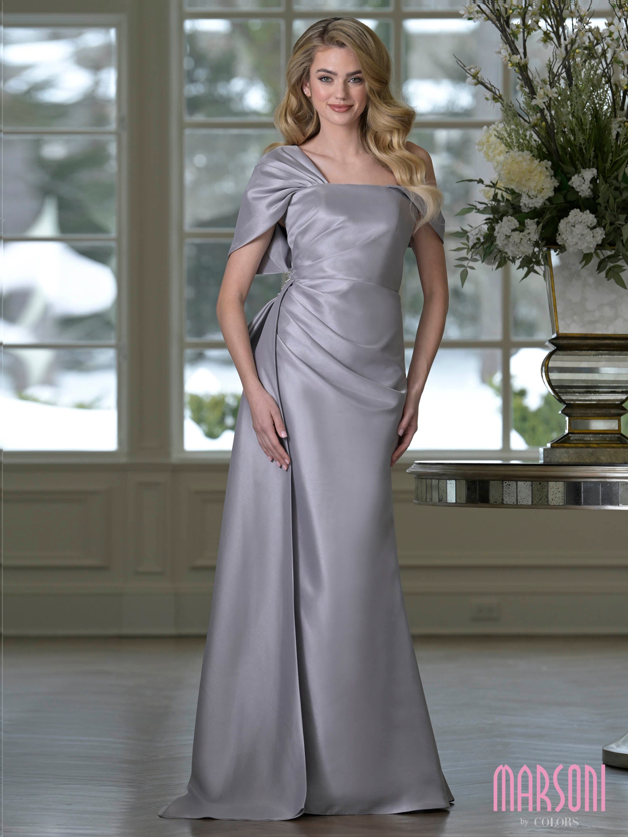 Gray One-Shoulder Floor-Length Satin Formal Gown Bow Detail and Side Slit Marsoni MV1405
