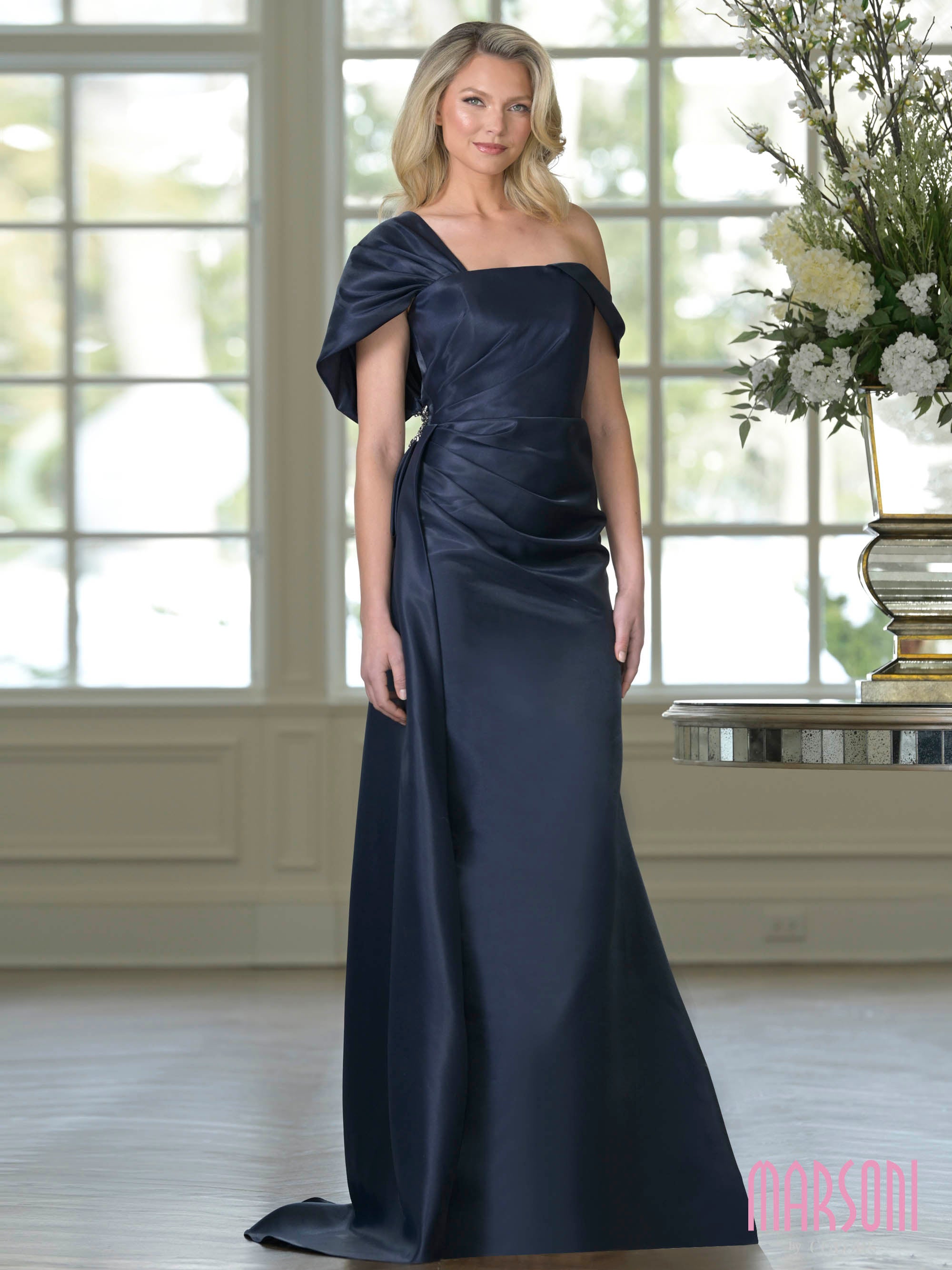 Midnight One-Shoulder Floor-Length Satin Formal Gown Bow Detail and Side Slit Marsoni MV1405