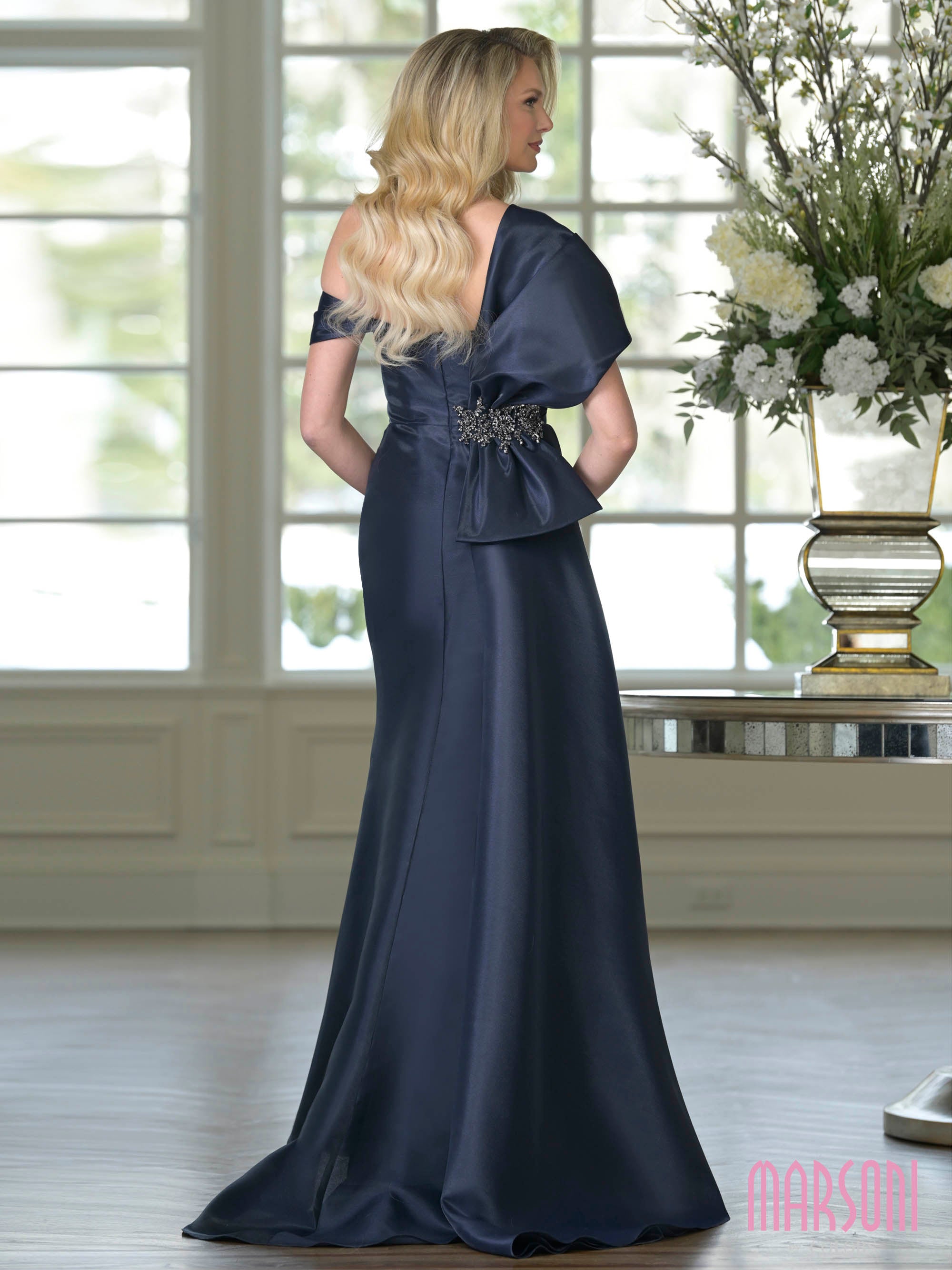 Midnight One-Shoulder Floor-Length Satin Formal Gown Bow Detail and Side Slit Marsoni MV1405