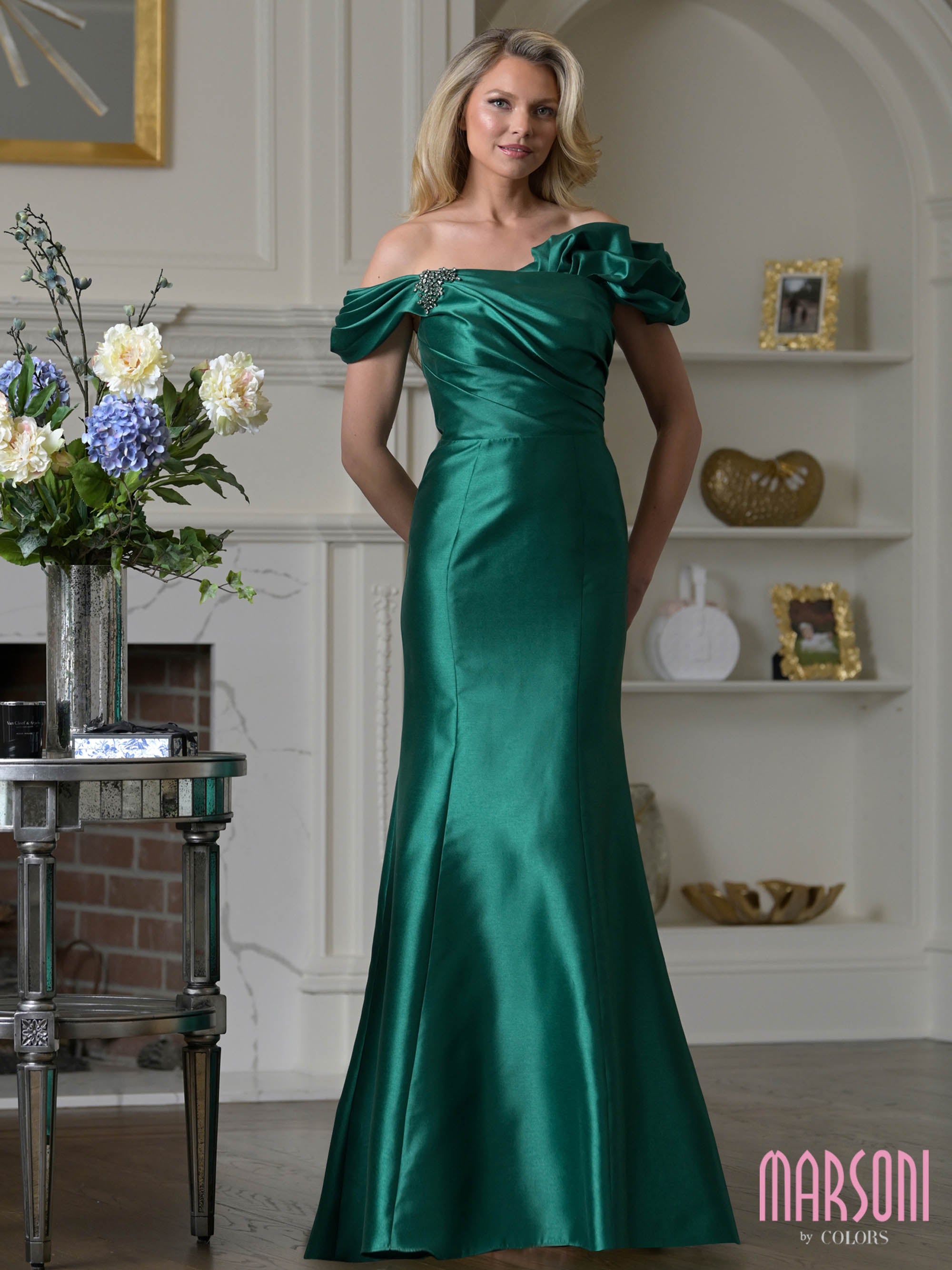 Emerald Off-the-Shoulder Floor-Length Satin Formal Gown Crystal Brooch and Side Slit Marsoni MV1407