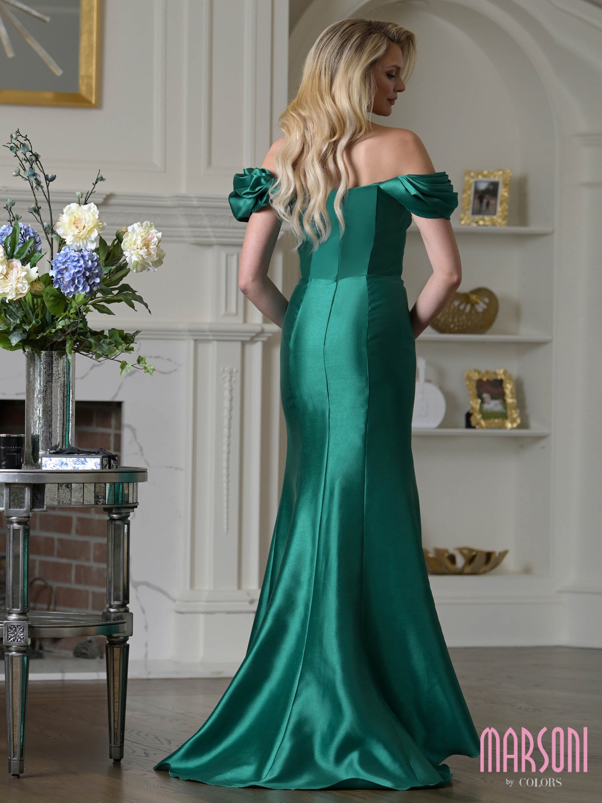 Emerald Off-the-Shoulder Floor-Length Satin Formal Gown Crystal Brooch and Side Slit Marsoni MV1407