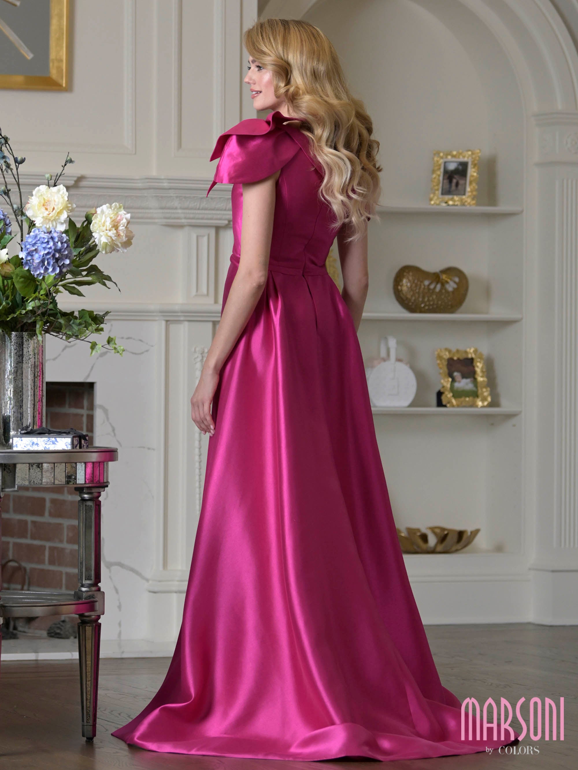 Fuchsia One-Shoulder Floor-Length Satin Formal Gown Bow Detail and Side Slit Marsoni MV1408