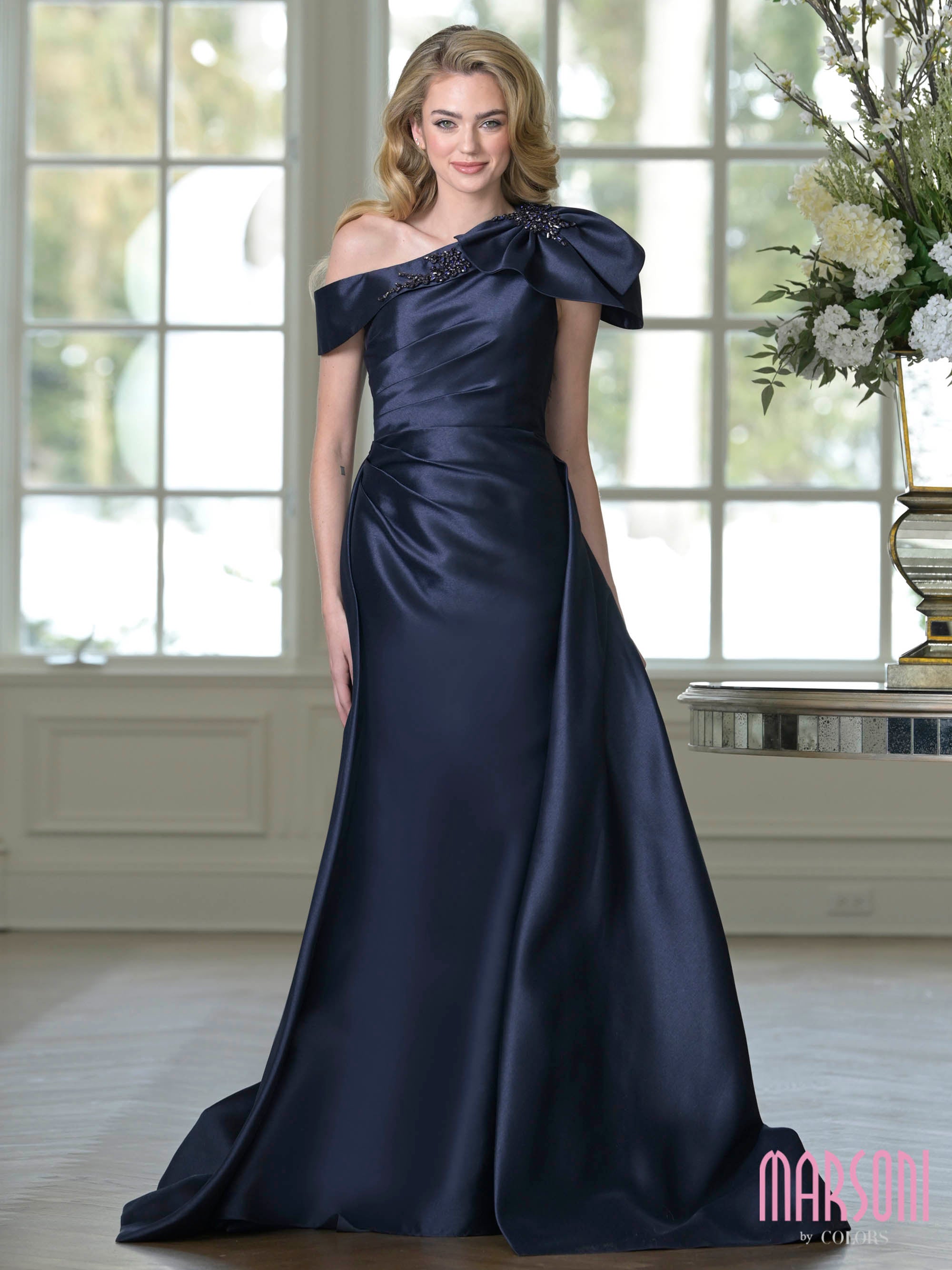 Midnight One-Shoulder Floor-Length Satin Formal Gown Bow Detail and Side Slit Marsoni MV1408