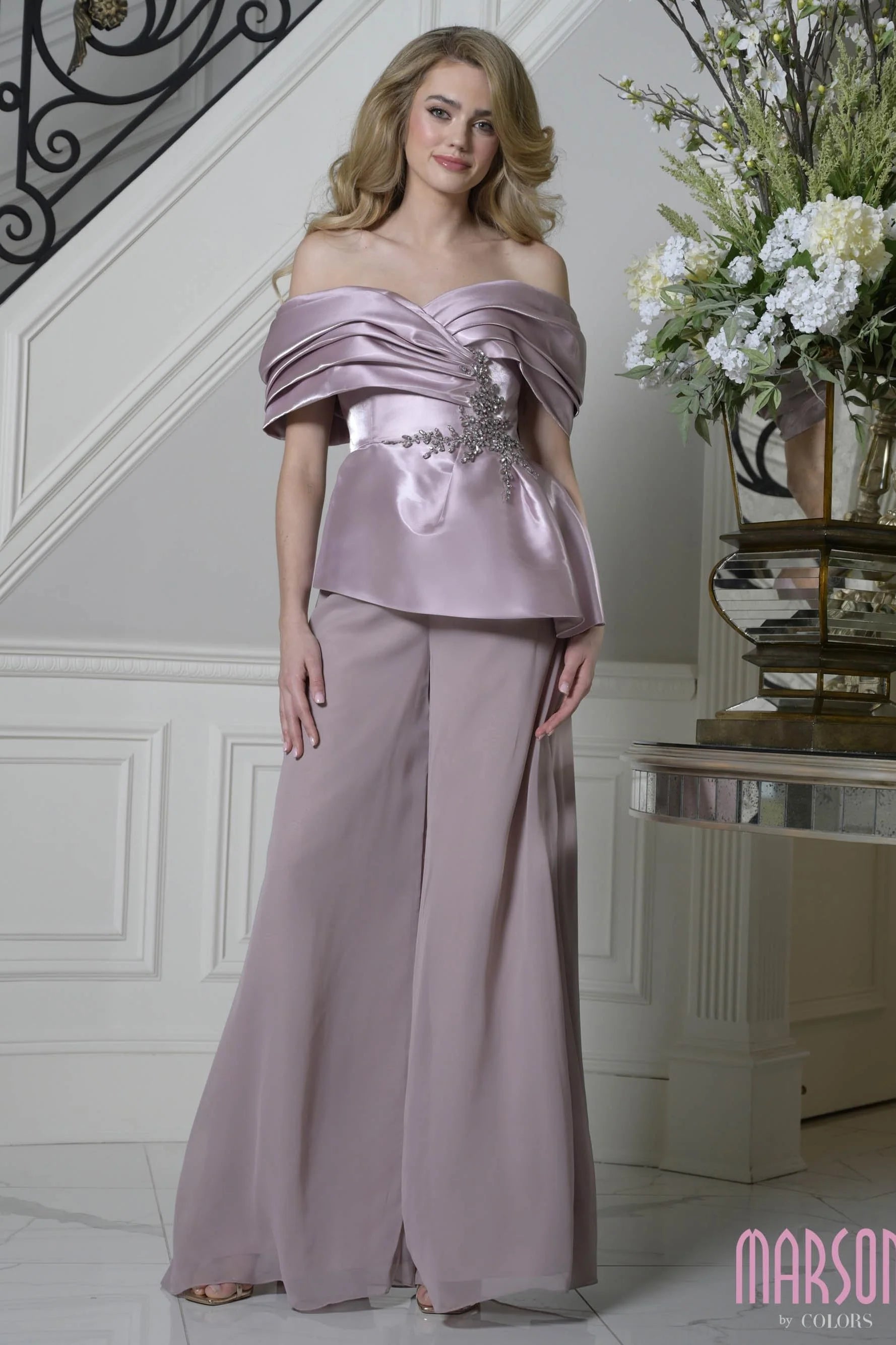 Mauve Off-the-Shoulder Floor-Length Satin and Chiffon Formal Jumpsuit Crystal Accents Marsoni MV1410